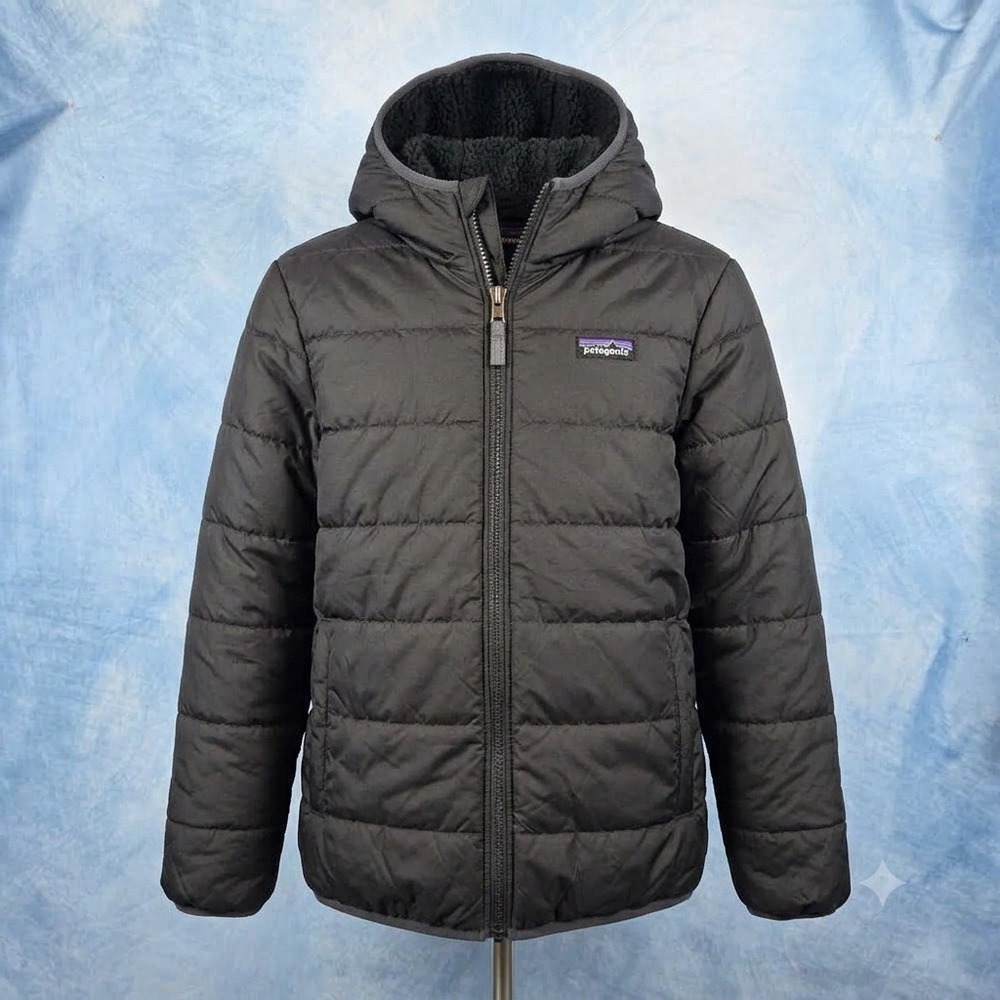 Patagonia Kids Black Reversible Ready Freddy Hooded Puffer Jacket Size M 10